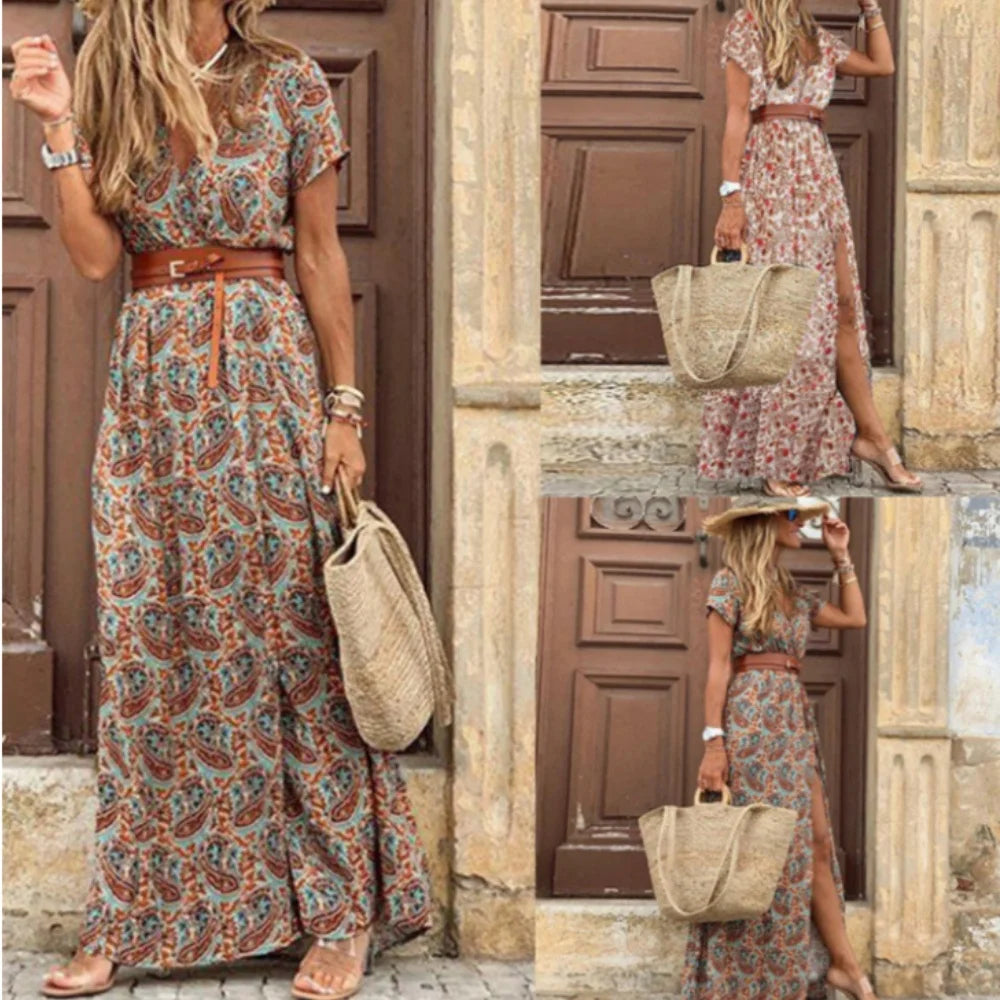Women Summer Trend Holiday Dress Sexy Casual Elegant V-Neck High Slit Irregular Retro Vintage Print Slim With Belt Midi Dress