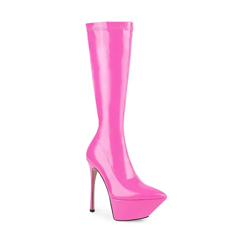 New Women Knee High Boots Patent Leather Pointed 15cm High Heels Winter Short Plush Waterproof Platform Girl Boots Large 34-45