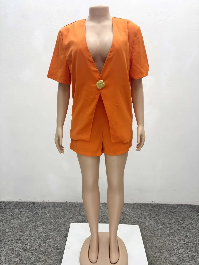 Women's African Style 2 Piece Set Sexy Summer Orange Deep V Neck Blazer & High Waist Shorts Elegant Party Club Outfits