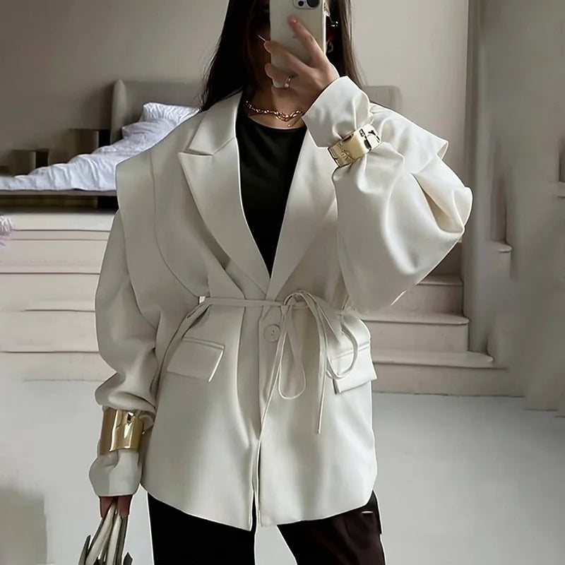 Women's Suit Dress 2025 Spring Autumn High End Blazer Elegant Office Style Waist Tied With Shoulder Pads Fitted Outerwear
