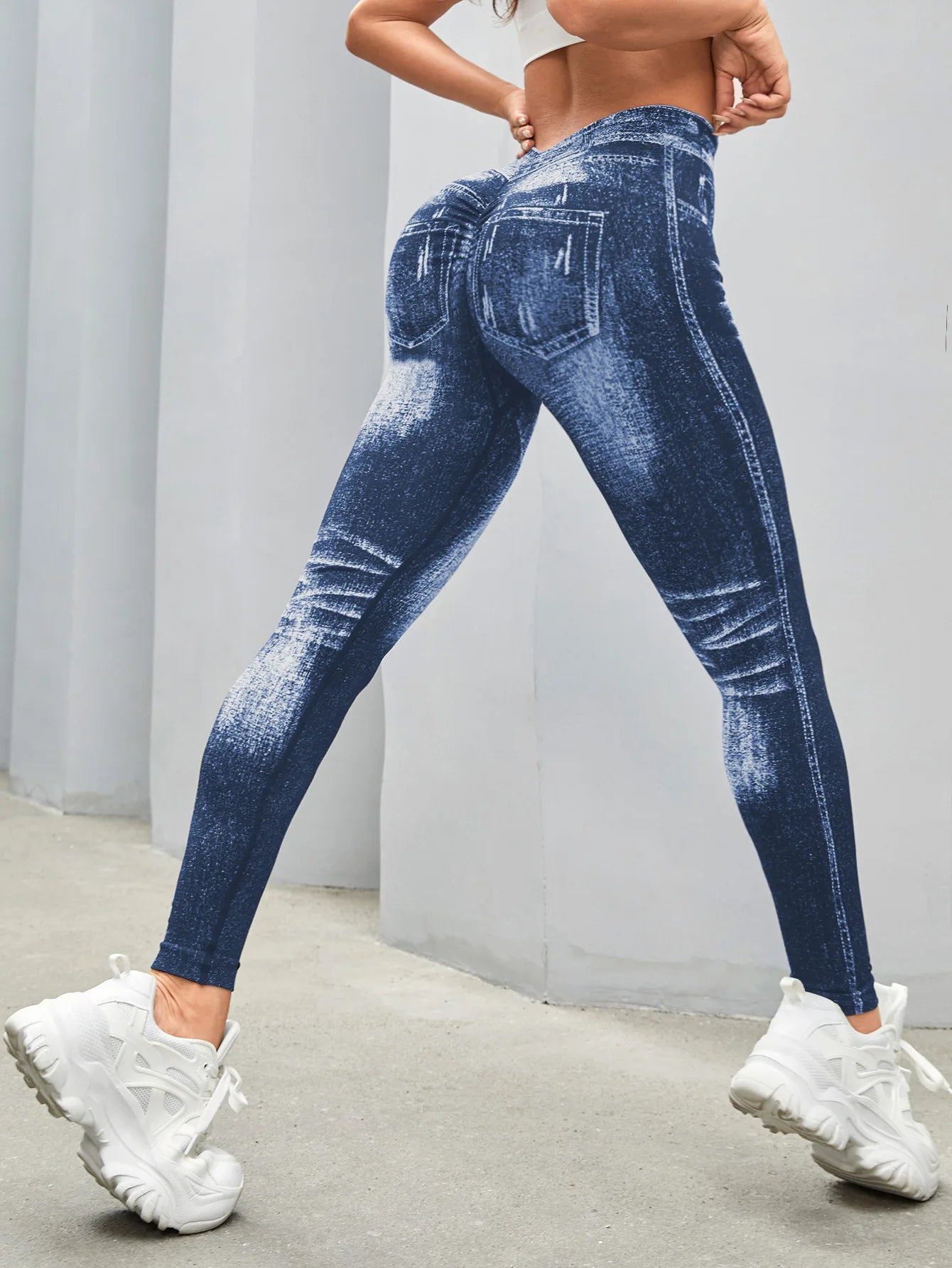 Women V Back Faux Denim Leggings For Gym Workout Athletic Yoga Pants Seamless