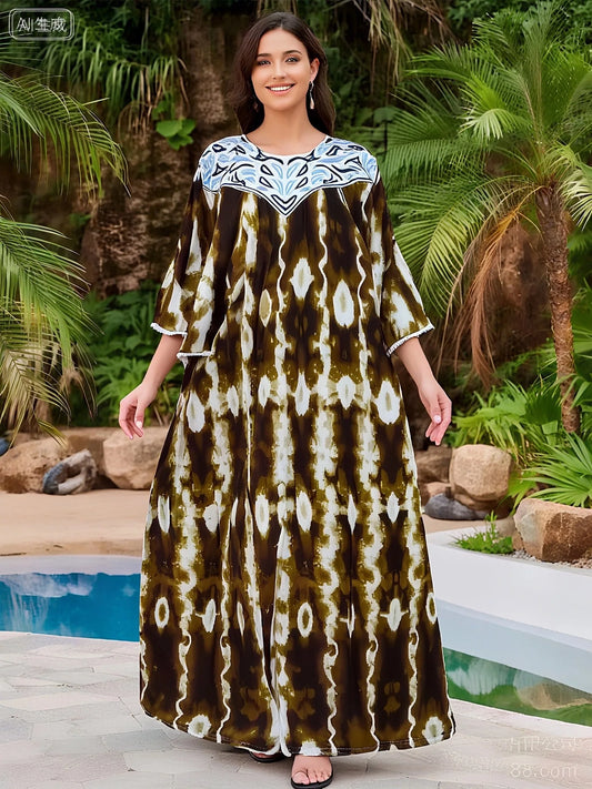 2025 Latest Party Dress Printed Pure Cotton Women Long Dress Dubai Casual Holiday Fashion Party Dresses African Abaya Clothing