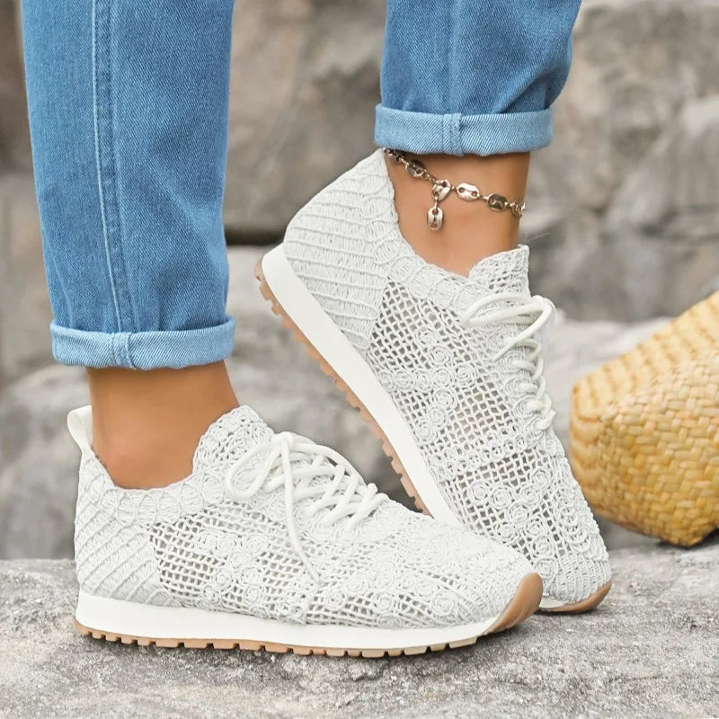 2026 Brown Knit Breathable Womens Sneakers Shoes New Platform Flats Woman Plus Size 43 Non Slip Casual Shoes Mesh Tenis De Mujer