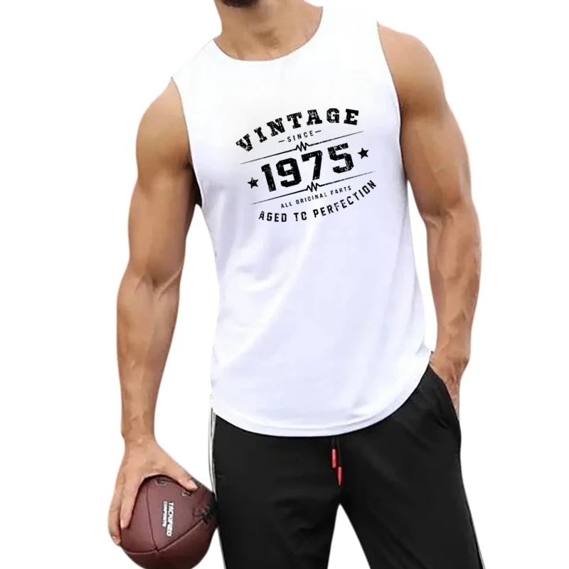 European Mens Summer Vest Print Round Neck Breathable Mesh Workout Top for Running Gym Fitness Athletic Sleeveless Clothing