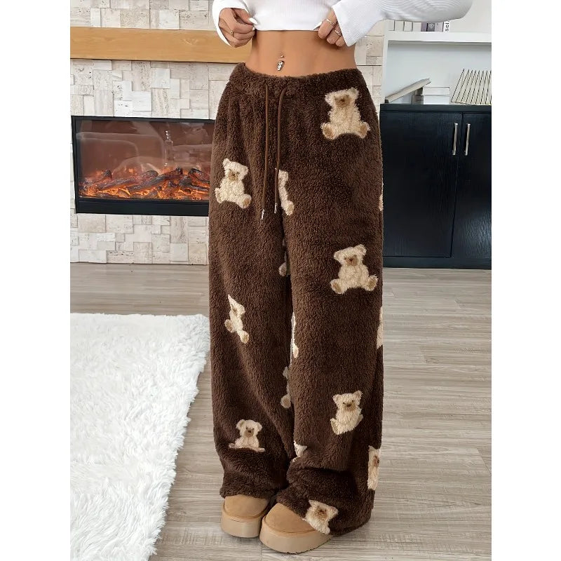1pcs Autumn and Winter Fashionable Casual Pants, Bear Pattern Wide-leg Pants, Loose and Warm Women's Long Pants and Pajama Pants