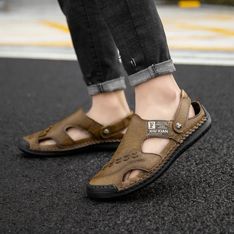 Men Soft Leather Sandals Breathable Comfort Daily Beach Big Size 45 46 Outdoor Slippers Open Toe Non-Slip Casual Summer Footwear