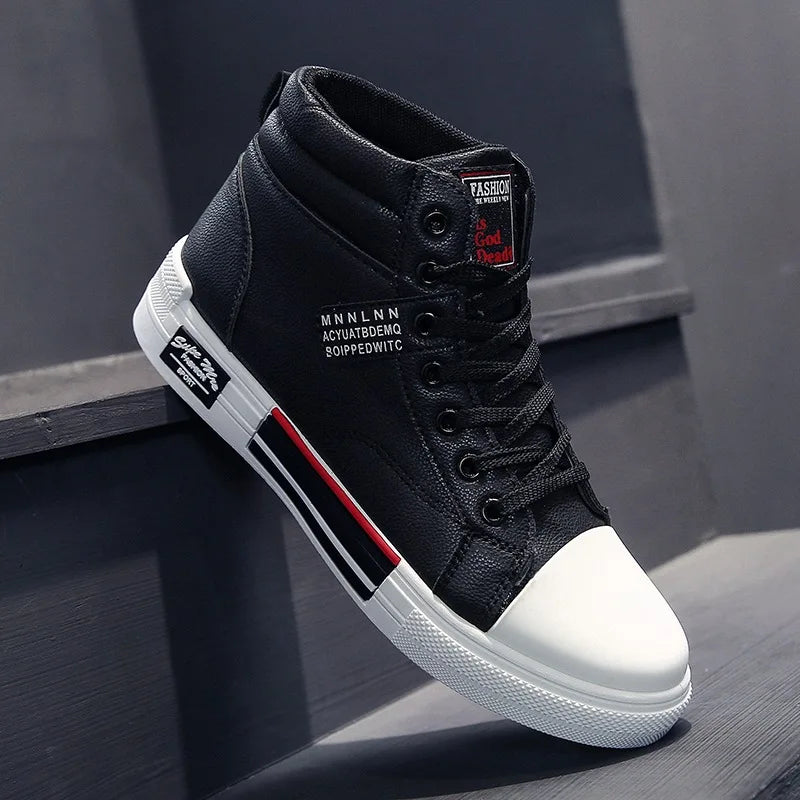 Fashion Leather Men Canvas Shoes Casual High-Top Shoes Autumn Men Non-Slip Tennis Sneakers Summer Flat Shoes Zapatillas