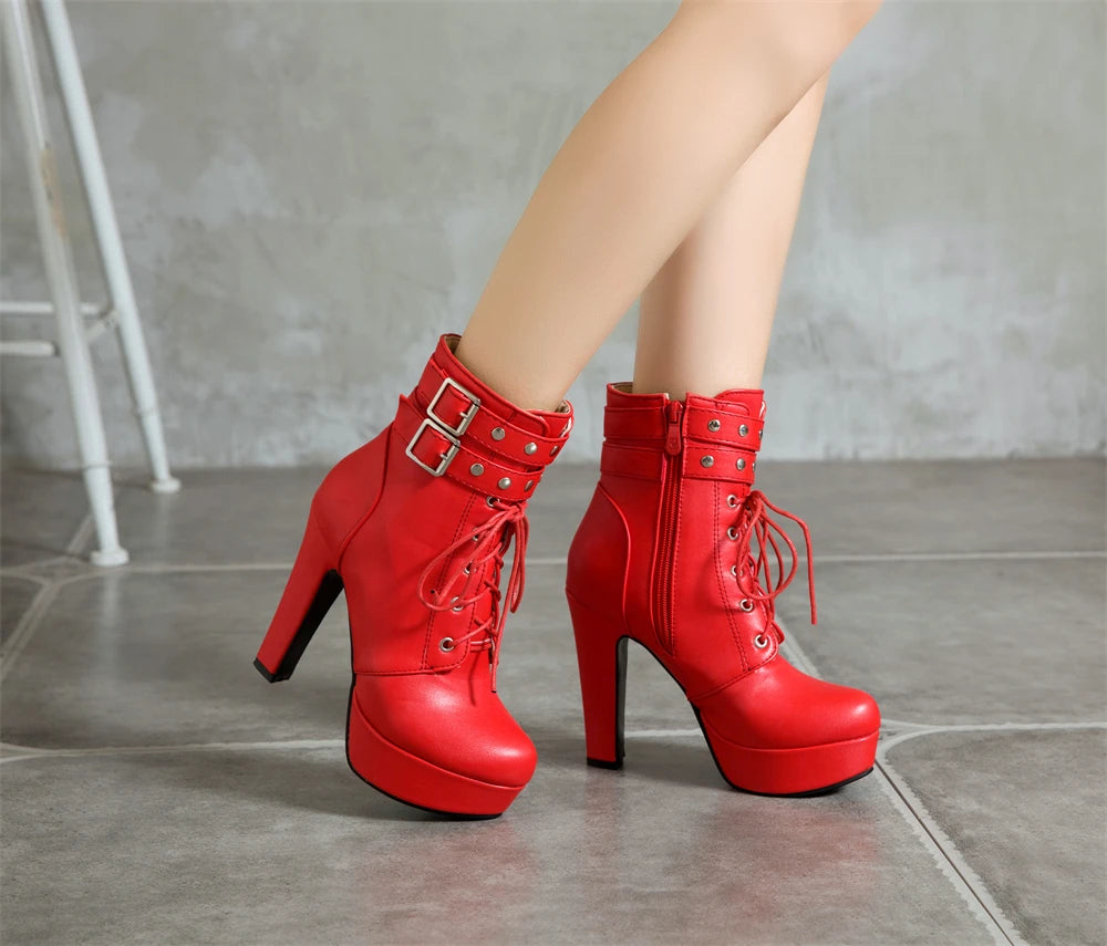 Women Ankle Boots Platform Lace-Up High Heels Short Boot Female Buckle Autumn Winter Red Yellow White Sexy Shoes Large Size34-46