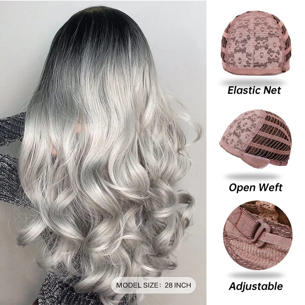 Long Wavy Silver Ash Ombre Cosplay Synthetic Wigs Natural Curly Gray Black Hair Wig with Bangs for Women Afro Heat Resistant