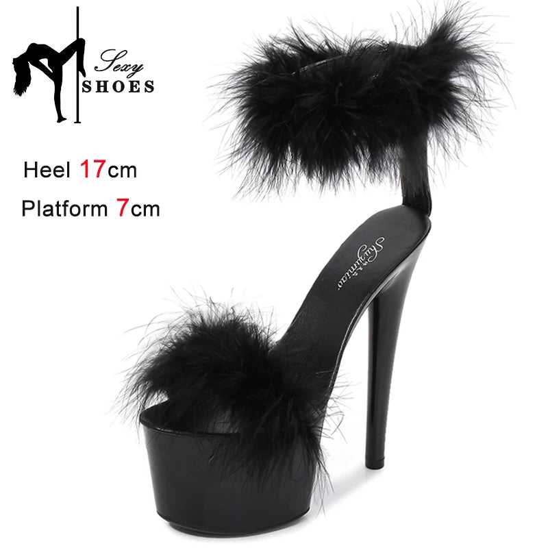 17CM Fur Womens Party Shoes Fashion 2023 Summer Sexy Exquisite Open Toe Ladies Shoes Female Stiletto Super High Heel Sandals