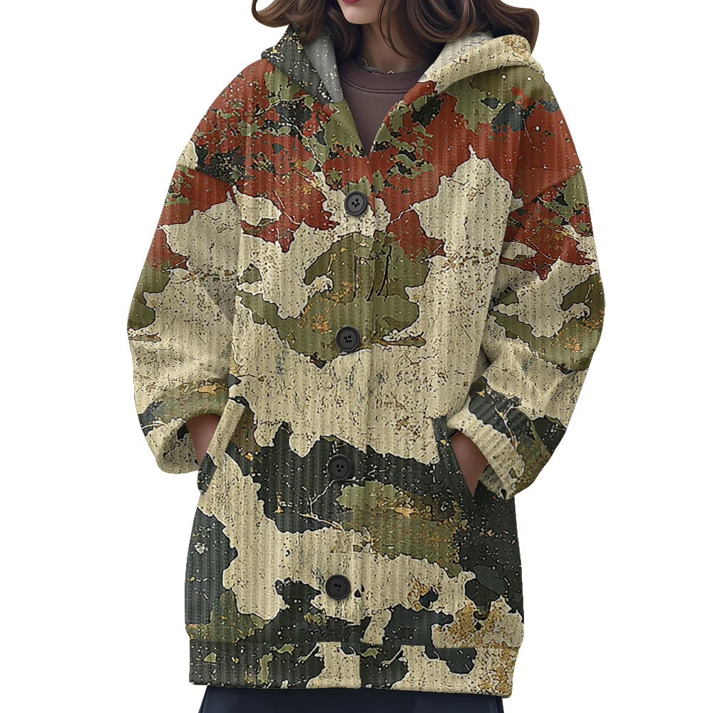 Trendy Camouflage Hooded Cardigan Coats Soft Button-Up Front All-Season Comfort for Outdoor & Indoor Wear Durable Casual Style