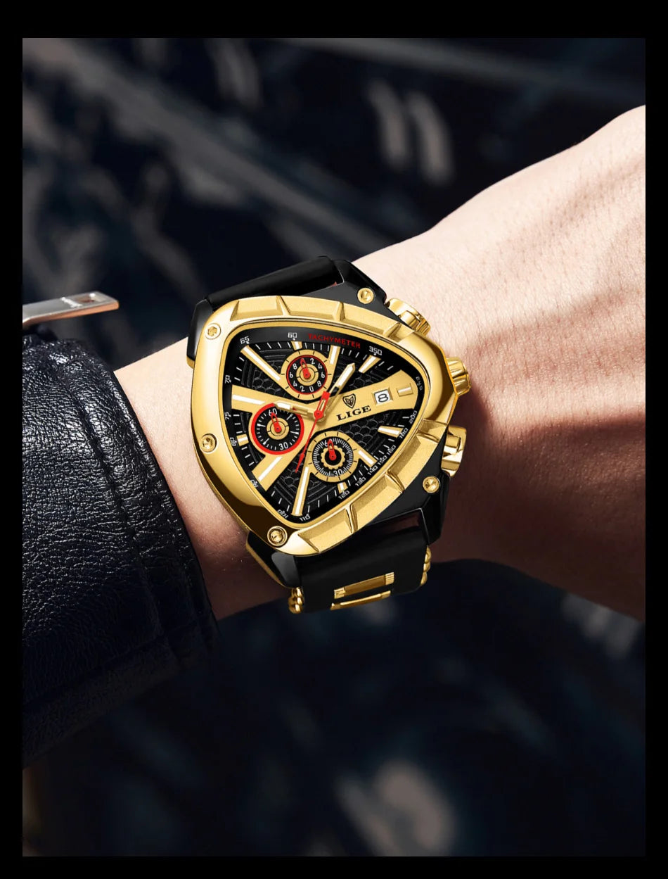 LIGE Sports Triangle Mens Watches Luminous Pointers Fashion Rubber Strap Military Irregular Quartz Wristwatch Waterproof  Watch