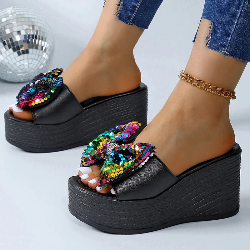 Chunky Platform Colorful Glitter Sandals Women Summer 2025 Super High Heels Big Bowtie Slides Woman Thick Bottom Slippers Shoes
