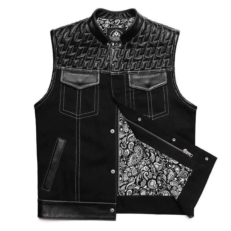SOA Club Style Motorcycle Leather Vest Men Cowhide Denim Patchwork Waistcoat Sons of Anarchy Biker Vests Man Sleeveless Jacket