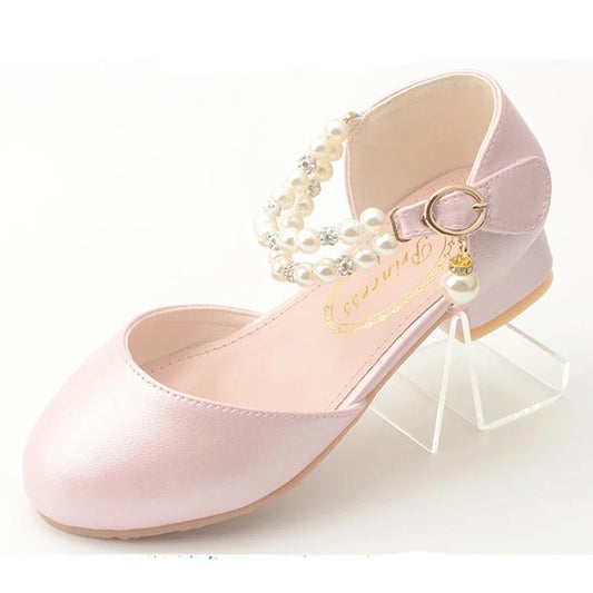 Pink Black White Party Wedding Shoes Children's High Heels Girl Shoe Elegan Pearl Princess Dress Girls Heel Shoes Child 2024 New
