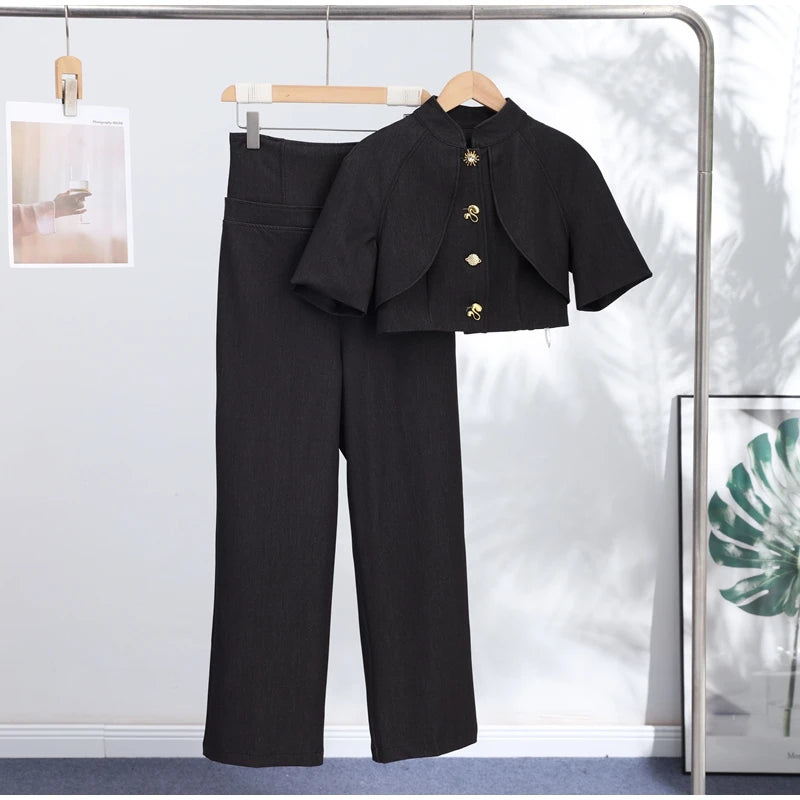 Women Denim Coat Pants Set Middle Sleeve Single Breasted Top Jackets High Waist Leg Loose Trouser Suit Lady Elegant Chic Sets