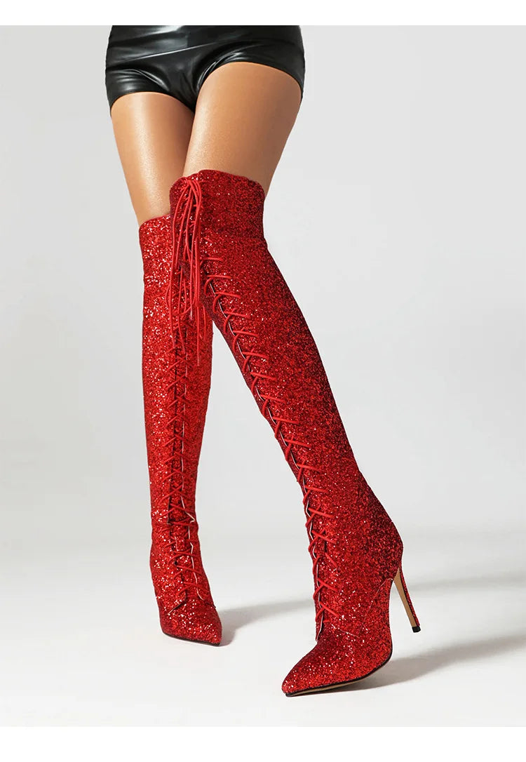 10CM Night Club Over The Knee Boots Sequins Thin High Heels Fashion Lady Pointed Long Boots Autumn Winter Party Shoes For Women