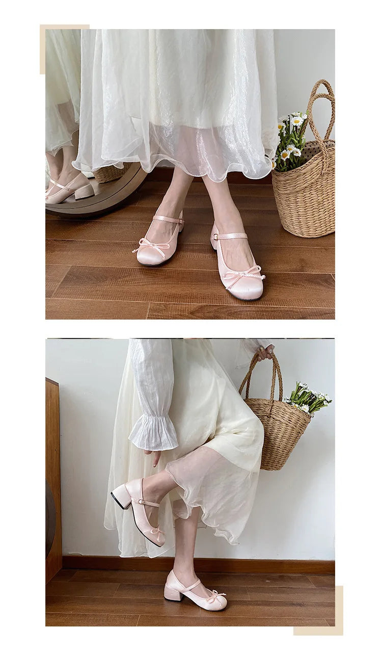 Spring Autumn Thick Heel Pink Shoes Elegant Bow Lolita College Girls High Heels  Women Sandals zapatos de mujer mary jane shoes