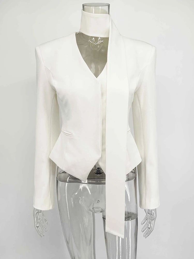 Taruxy Striped Print Vneck Ribbon Suit Coat For Women Long Sleeve Office Blazer