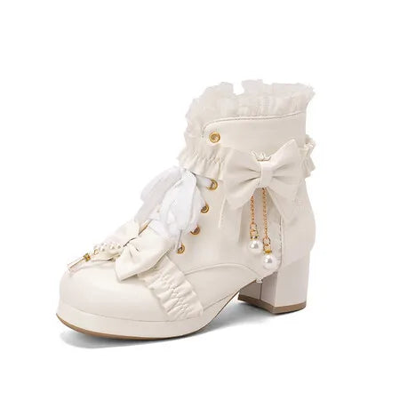 Lolita Great Quality Block High Heels Women Ankle Boots White Shoes Lace Decor Lace Up Chunky Heeled Bow Boots for Women Verclo