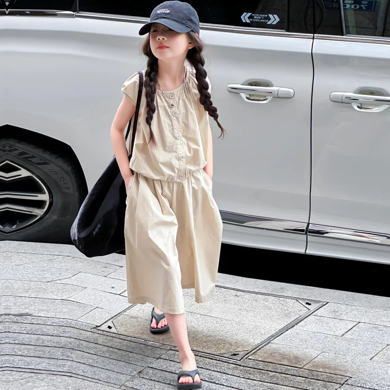 2025 Girls Summer Casual Outfit Big Kids Short Sleeve Top Capris Pants Two Piece Set Matching Big Kids Fashion Suit Holiday Wear