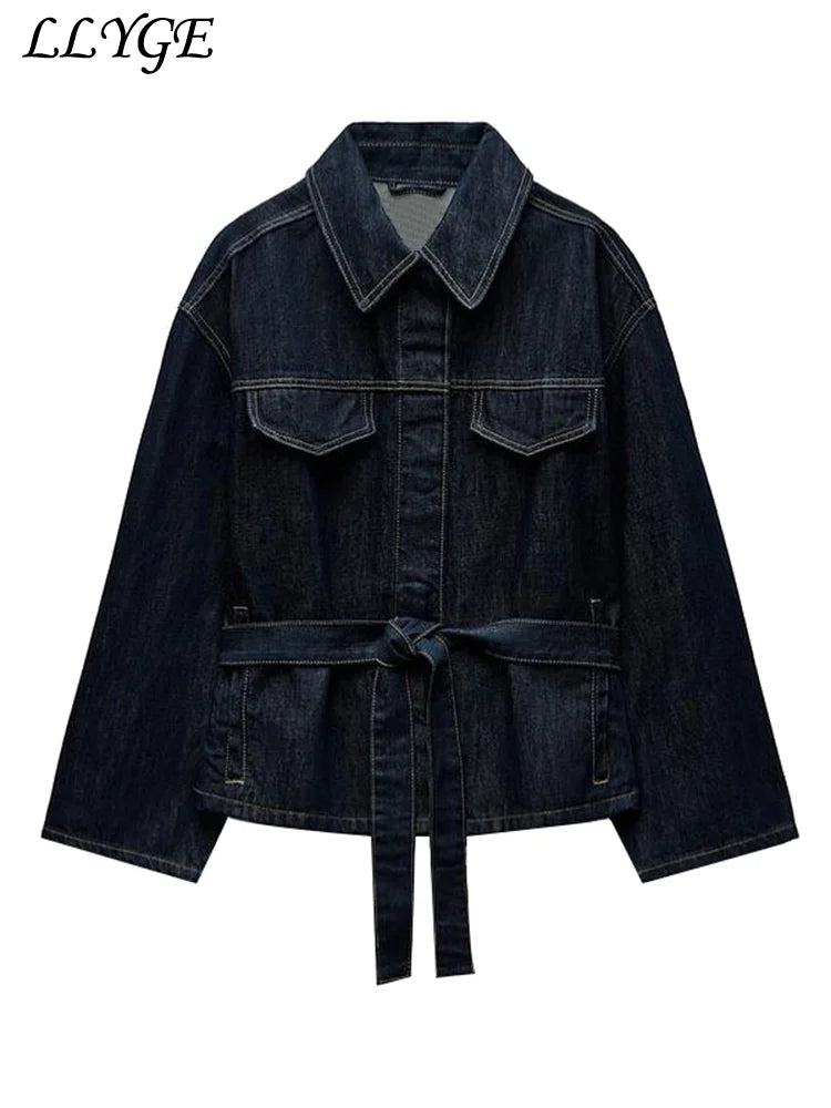 Vintage Belt Denim Jacket Pants Set Women Lapel Single Breasted Jackets Pockets Straight Jeans 2025 Autumn Lady Street Outfits