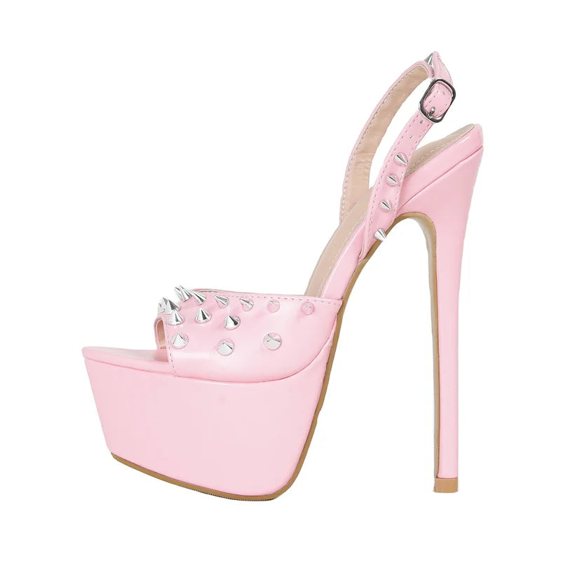 Liyke Brand Design Metal Rivet Open Toe Pink High Heels Platform Sandals For Women Summer Fashion Back Strap Party Dress Shoes