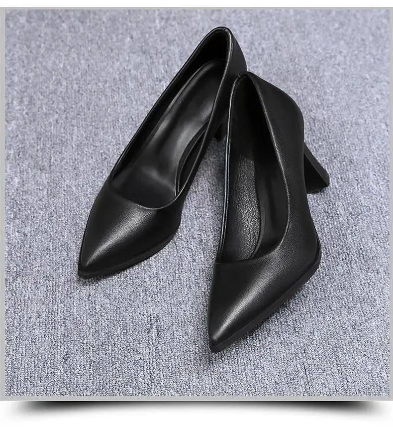 Black Women's Pumps 6-8cm Heel Soft PU Leather Non-slip Single Shoe Professional Interview High Heels Mid Heeled Work Shoes