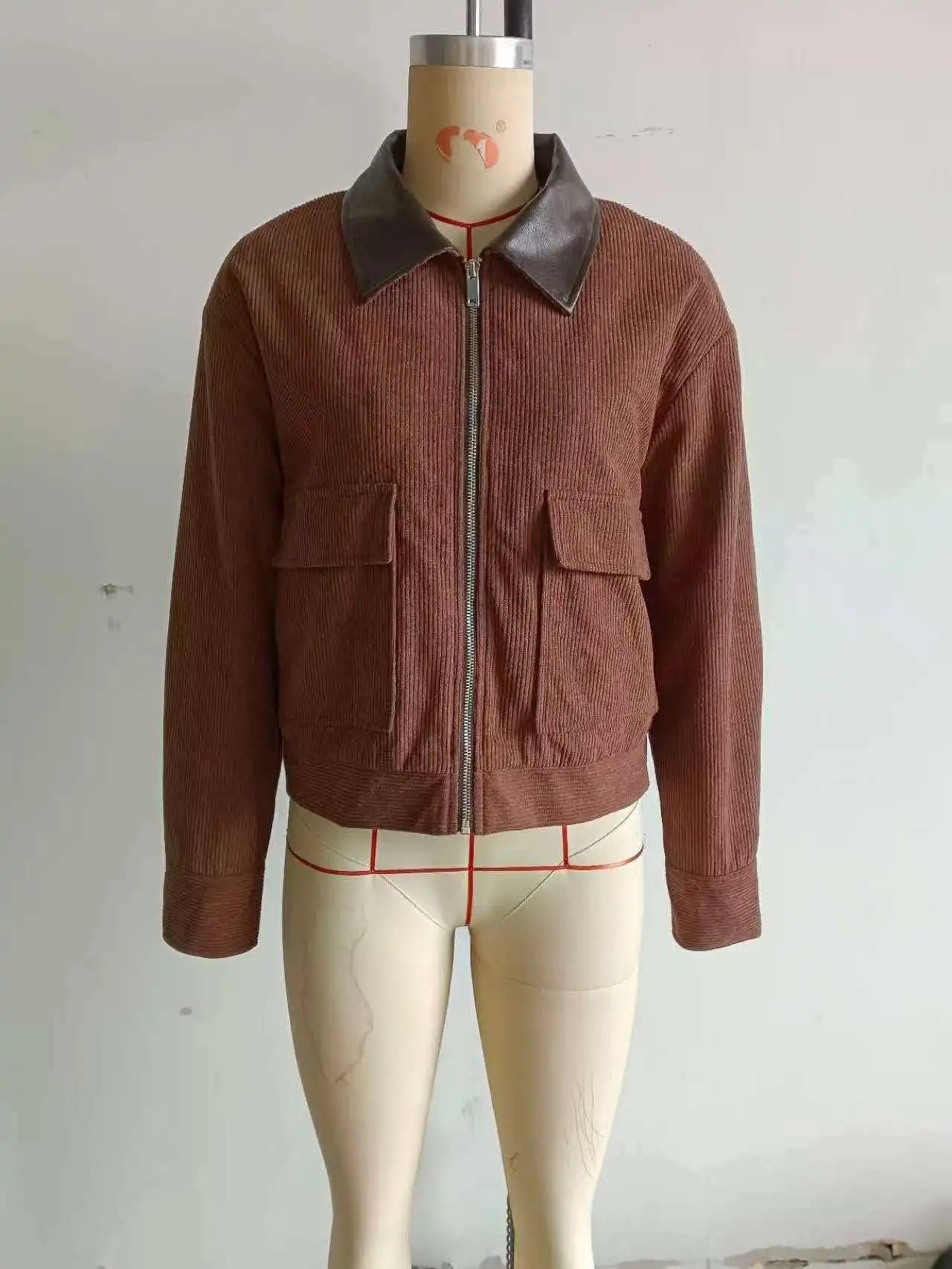 Women Pu Leather Collar Pink Cropped Jacket Corduroy Fashion Long Sleeve Zipper Coat 2026 New Lady Spring Chic Street Outwear