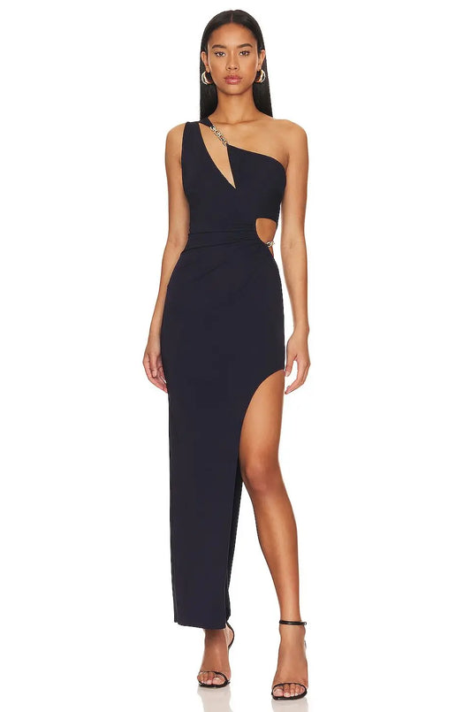 Hashupha Long Bandage Dress Women's Black One shouder Hollow Out Split Sexy Elegant Bodycon Celebrity Evening Party Dresses