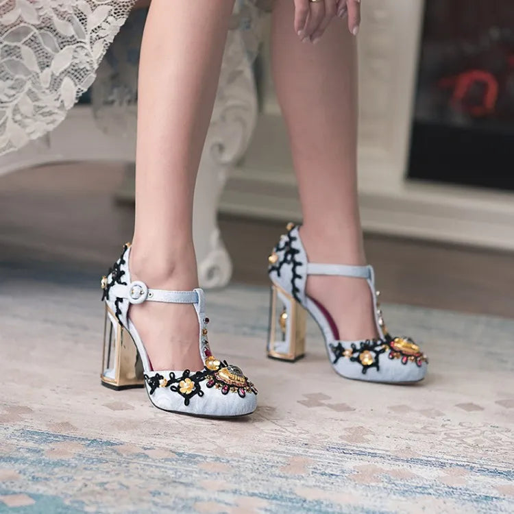 Light Blue Silk Women T-strap Pumps Platform Metal Flowers Decor Wine Red Wedding Shoes 10cm Fretwork High Heels Chaussure Femme