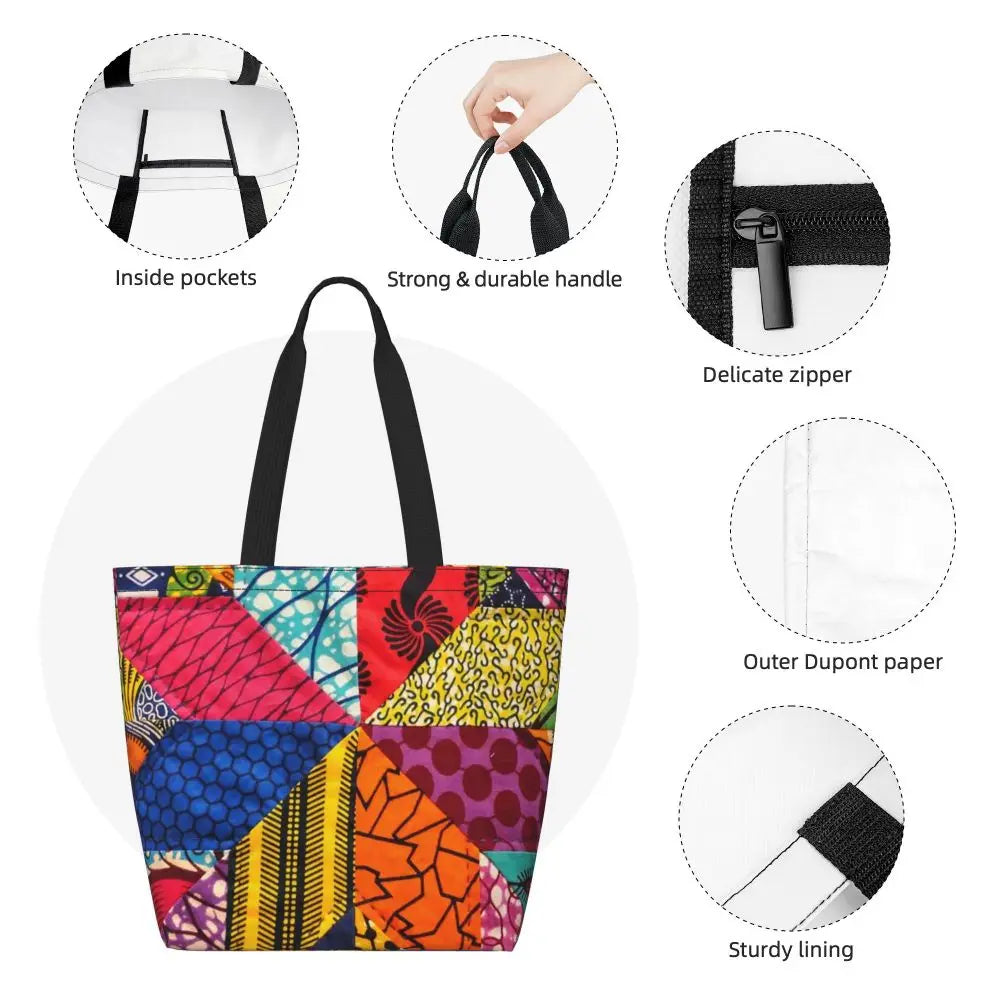 African Ankara Prints Grocery Shopping Tote Bags Women Geometric Ethnic Art Canvas Shoulder Shopper Bags Big Capacity Handbag