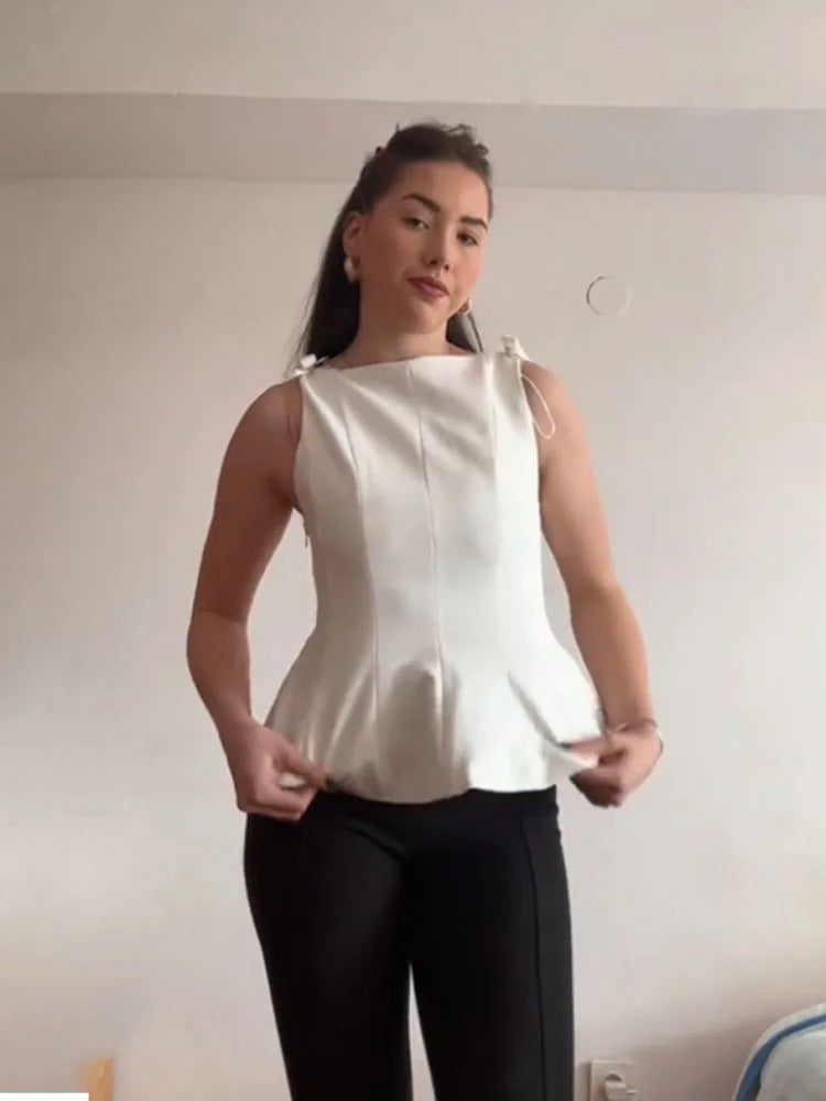 HH Female Summer Streetwear Style Sexy Top O-Neck Solid Sleeveless Bow Decorate Zipper Women's New Fashion Tops 2 Color