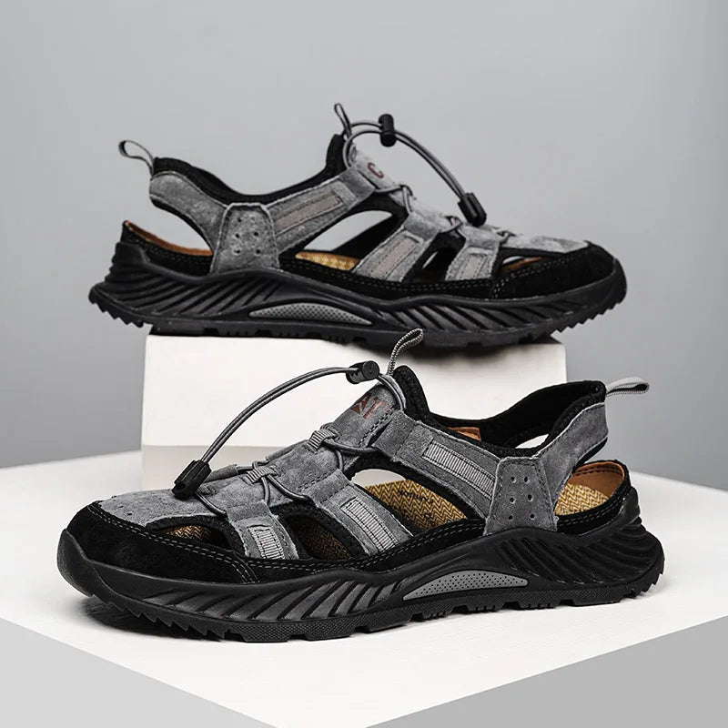 Men's Closed Toe Hiking Sandals Summer Suede Leather Non-Slip Soft Thick Sole Adjustable Drawstring Breathable Casual Beach Shoe