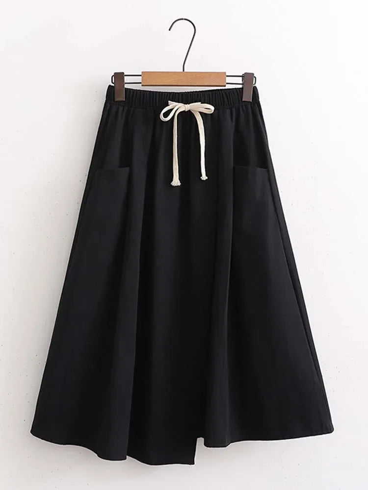 Elegant Vintage Women Skirt Summer Korean Style Solid Elastic High Waist Midi Long Skirt With Belt Female Office Ladies Wear