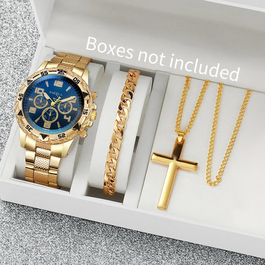 3PCS/Set Fashion Men's Quartz Watch Luxury Large Dial Men Business Watches Necklace Bracelet Set Reloj Hombre（Without Box）