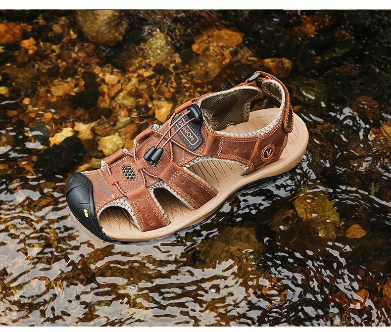 Men Sandals Summer Genuine Leather Mens Casual Shoes Outdoor Leather Sandals for Men Beach Shoes Roman Shoes Rubber Water Shoes