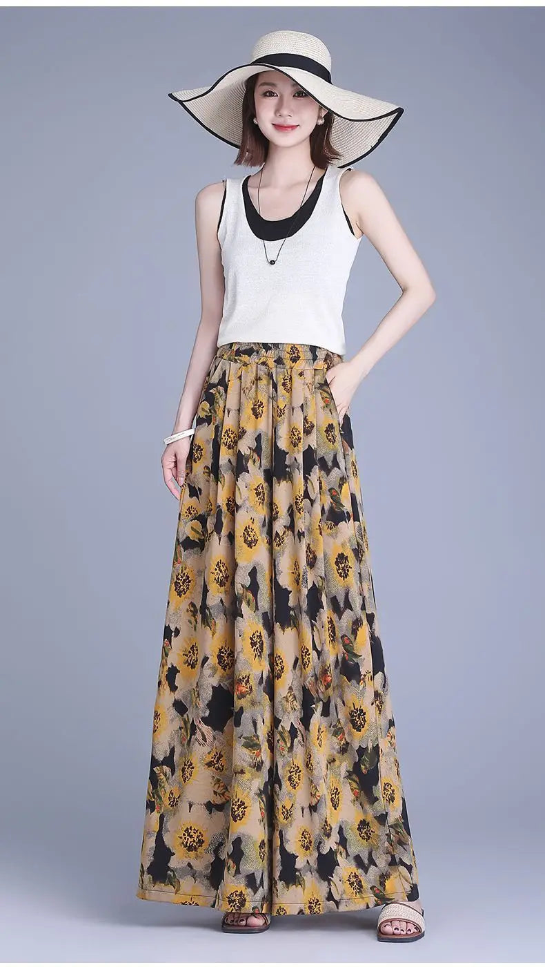 Trousers Chiffon Floral Skirts and Pants for Women in Summer New Thin High-waisted Ethnic Style Casual Wide-leg Pants