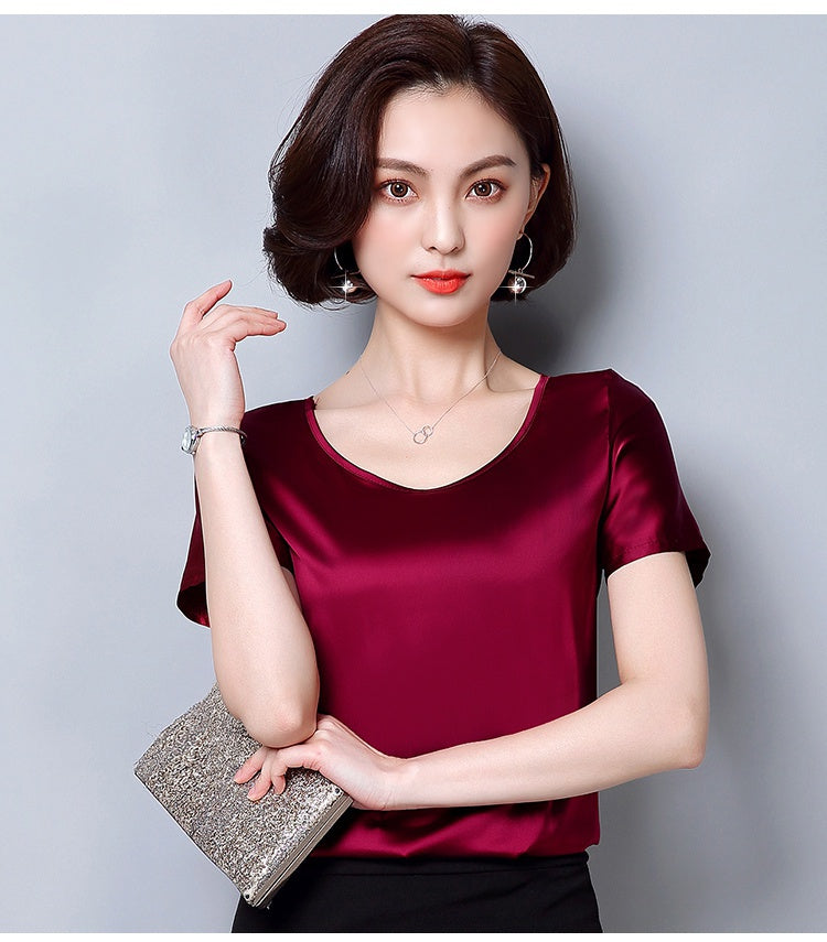 New outer wear silk round neck sling top satin short-sleeved stretch T-shirt large size bottoming shirt women