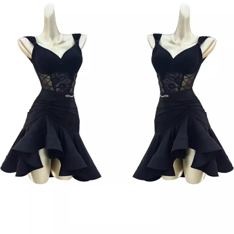 Women Latin Dance Dress Outfits Lace Bra Jumpsuits Tops Ruffled Skirt Adult Female Dance Competition Stage Performance Costumes