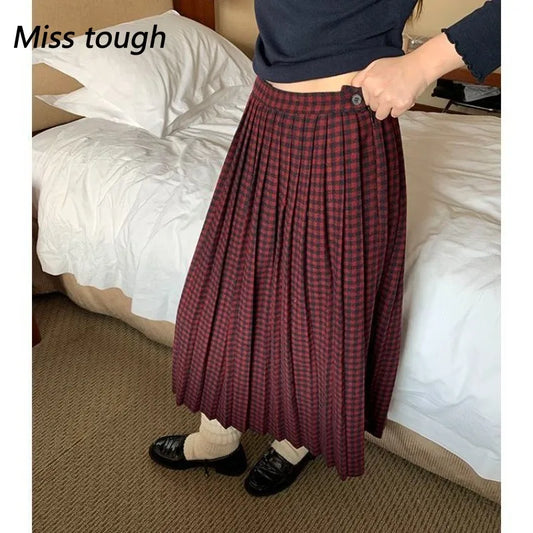Korean Fashion Red 2000s Aesthetic Women's Skirt High-waisted Checkered A-line Long Skirt Casual Y2k Preppy Style Woman Clothes