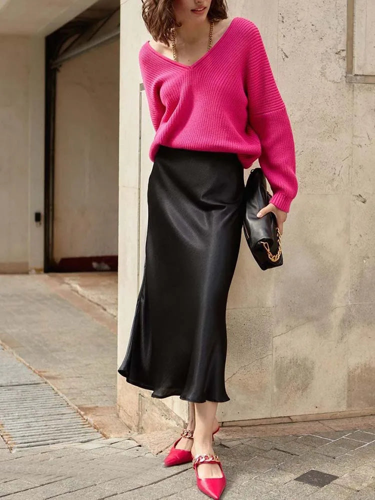 Elegant Women's Skirts High Waist Silk Satin A-line Skirt Lady Fashion Solid Color Purple Long Skirts for Women Fashion 2026