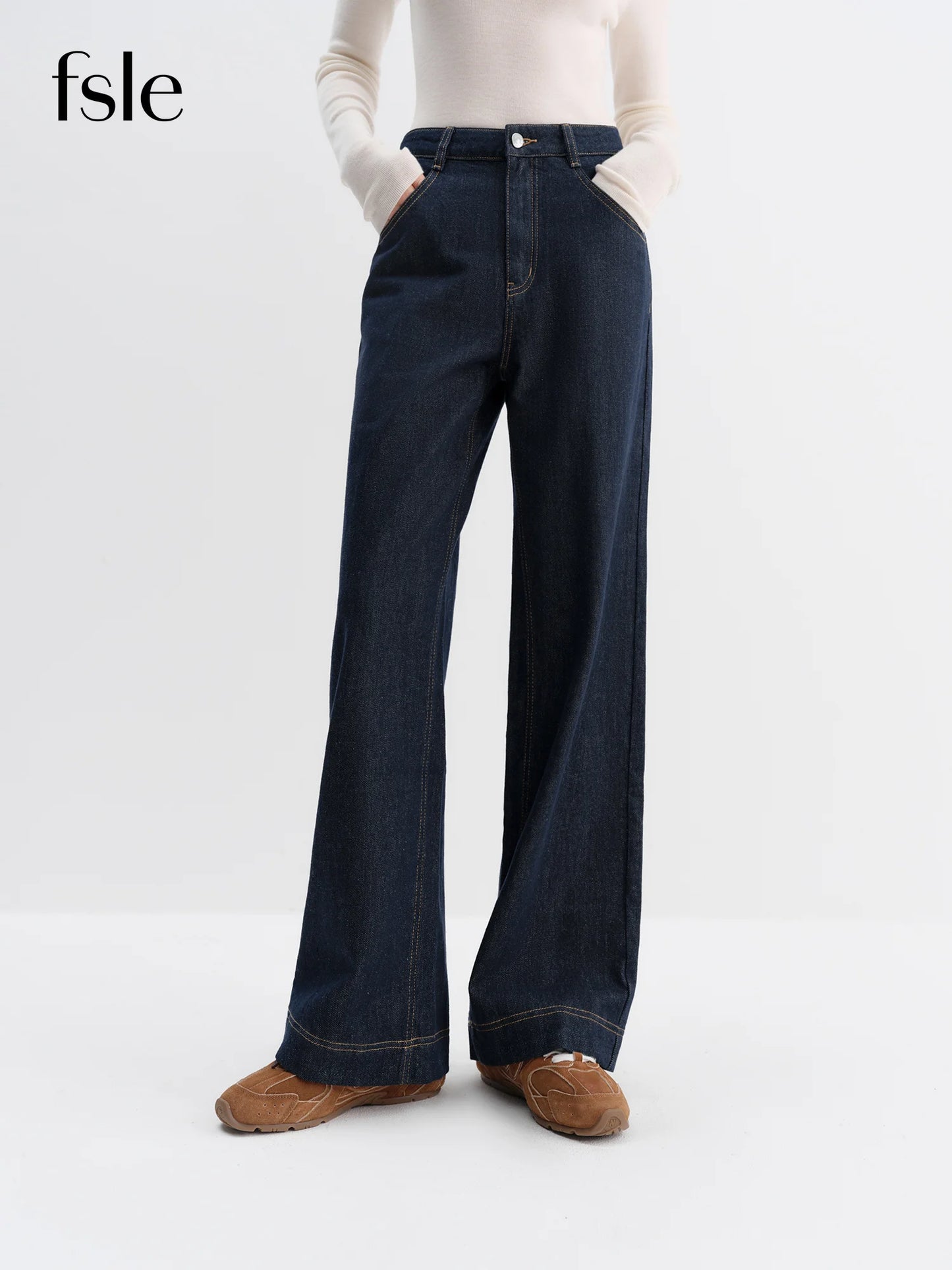 FSLE Straight High Waist Jeans for Women Winter Solid Simple All-match 2025 New Long and Short Versatile Pants Korean Style