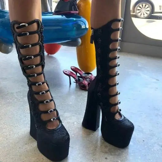 Patent Leather Belt Buckle Sexy Boots Platform Party Zip Summer Fashion Women Lolita Boot Hollow Street Punk Thick High Heels