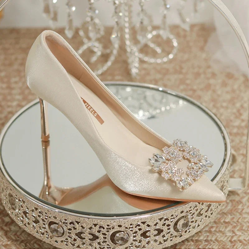 Women's Crystal Square Buckle High Heels Pumps 2024 Elegant Silk Thin Heeled Wedding Shoes Woman Slip On Pointed Toe Dress Shoes