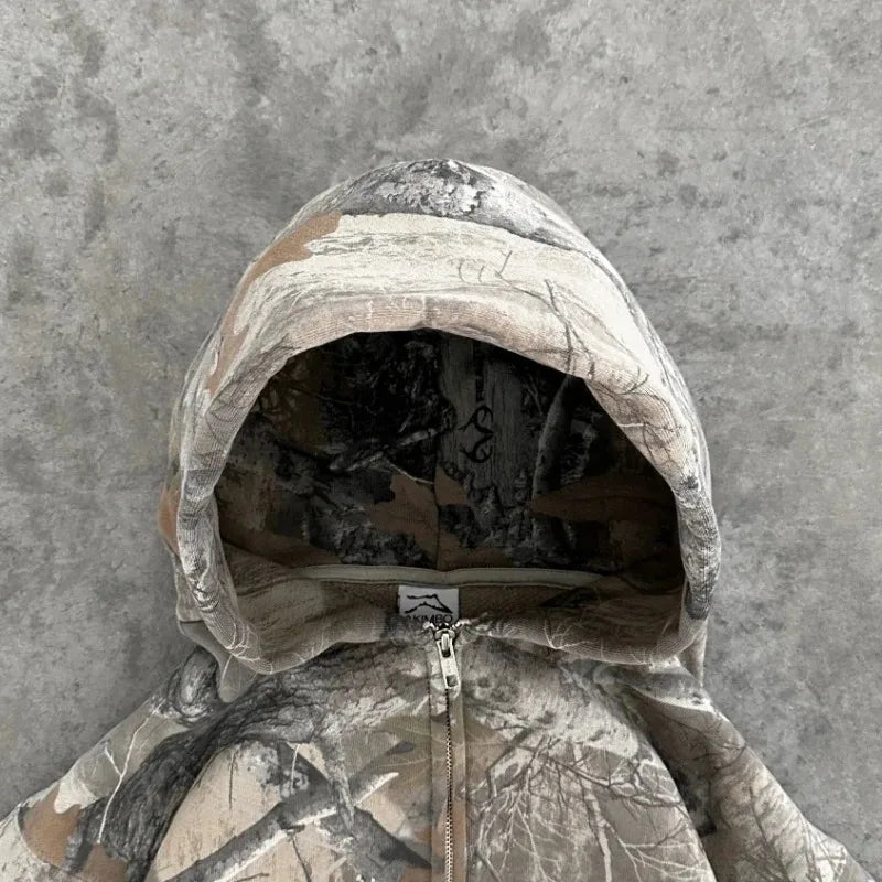 Sweatshirt Hoodie Y2K Retro zip up Camouflage Pattern zipper High Street Hip Hop Streetwear Oversized Unisex Camo Hoodie BAZAARHUBO