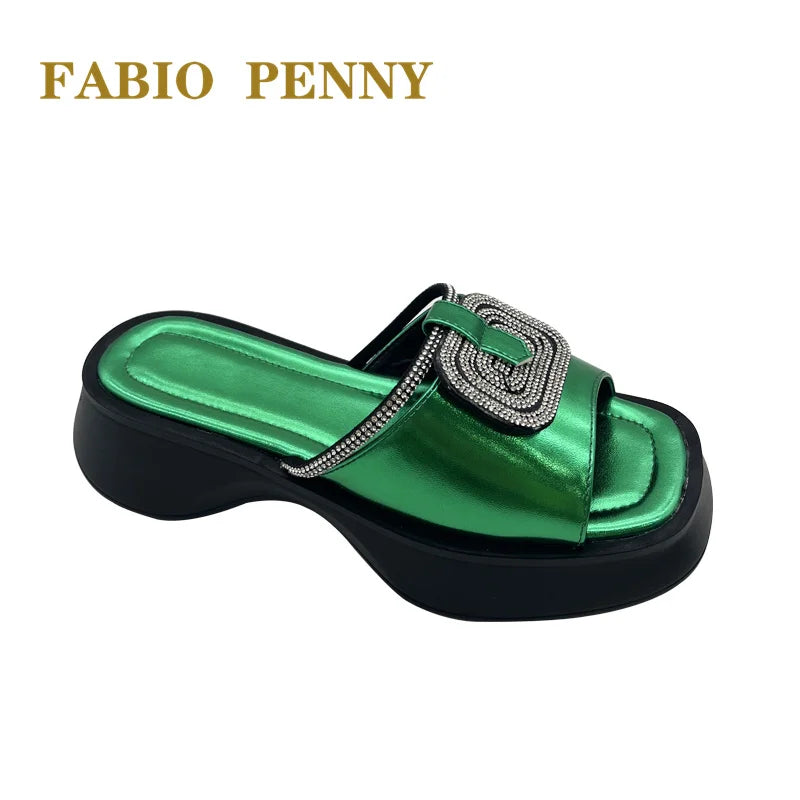 FABIO PENNY2026 new solid-color exquisite water diamond design thick-soled women's fashionable slippers and party sandals
