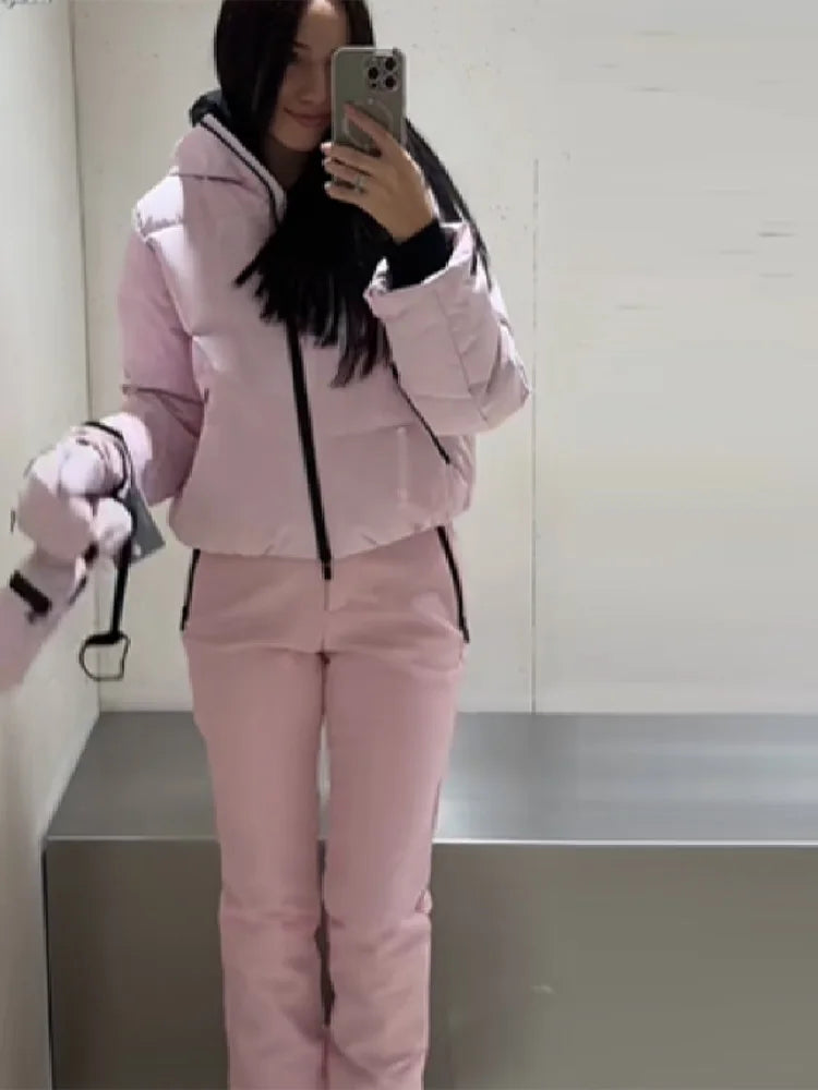 Women Hooded Zipper Short Skiing Cotton Jacket Long Sleeved Thick Warm Coat Comfortable Long Sports Pant 2025 New Lady Sport Set