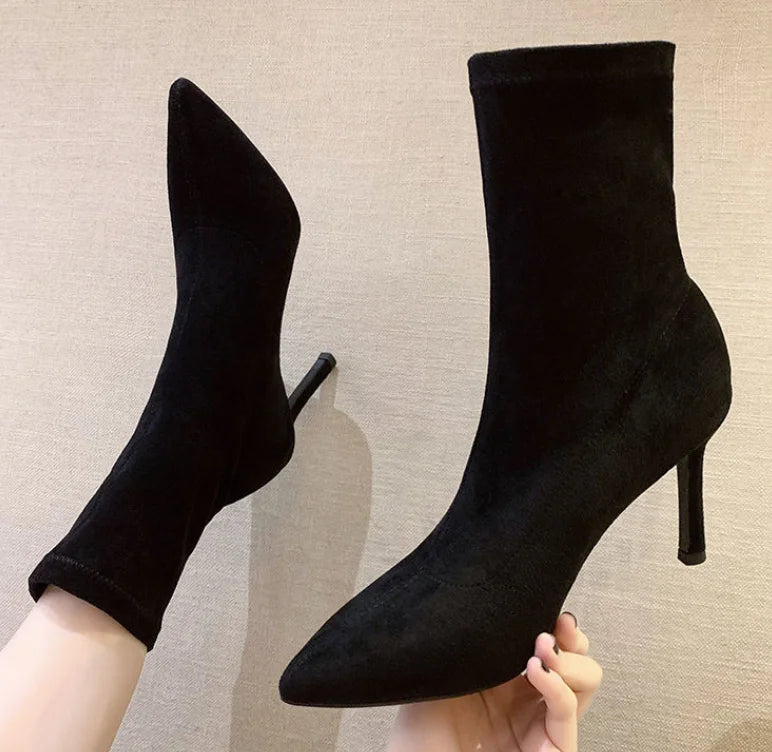 Comemore 2021 Autumn Winter High Heel Women's Shoes Pointed Toe Stiletto Ankle Boots Stockings Black Girls' Socks Boots Dress 34