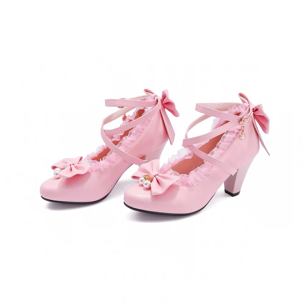 Cross Strap Women Spike High Heels Mary Jane Shoes Party Wedding Cosplay White Pink Lace Ruffles Bow Princess Lolita Pumps 34-43